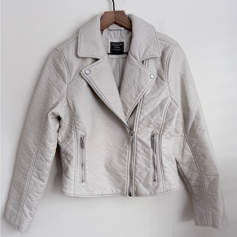 Abercrombie & Fitch Faux Leather Jacket Cropped sz Large Stone Bomber Moto Zip